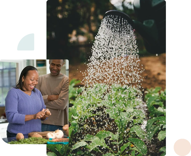 decorative collage featuring watering over a garden and a diverse older couple preparing healthy foods