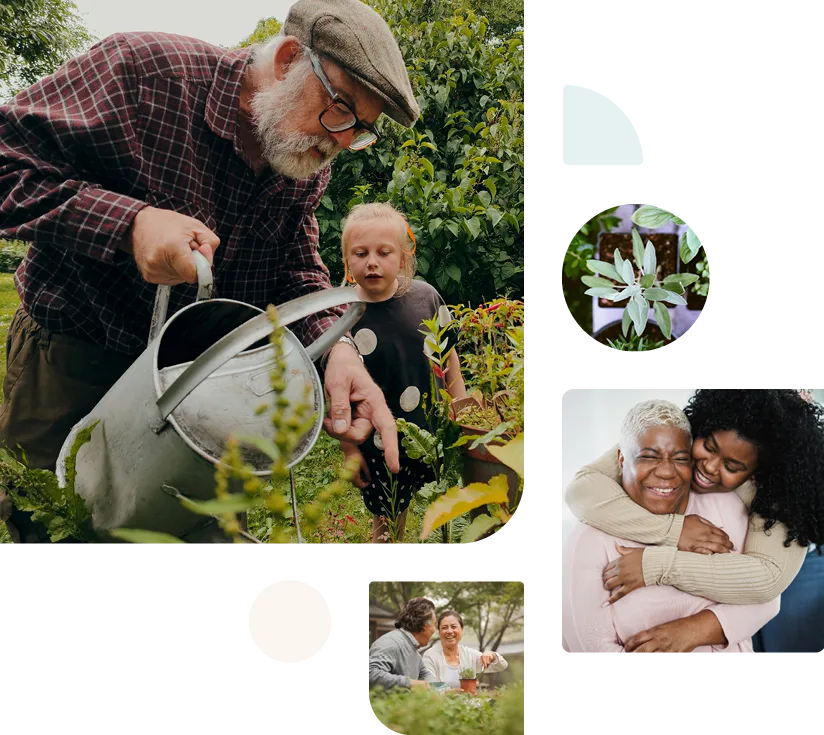 decorative collage depicting diverse older people in a garden with their families